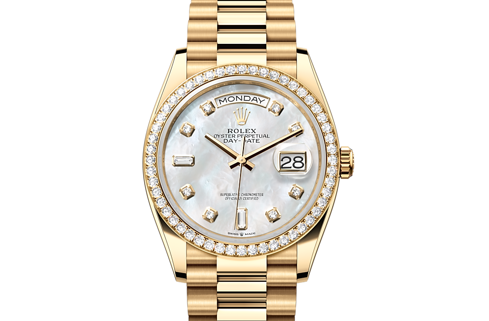 Rolex Day-Date 36 Oyster, 36 mm, yellow gold and diamonds m128348rbr-0017 at Royal de Versailles
