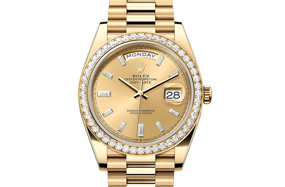 Rolex Day-Date 40 Oyster, 40 mm, yellow gold and diamonds m228348rbr-0002 at Royal de Versailles