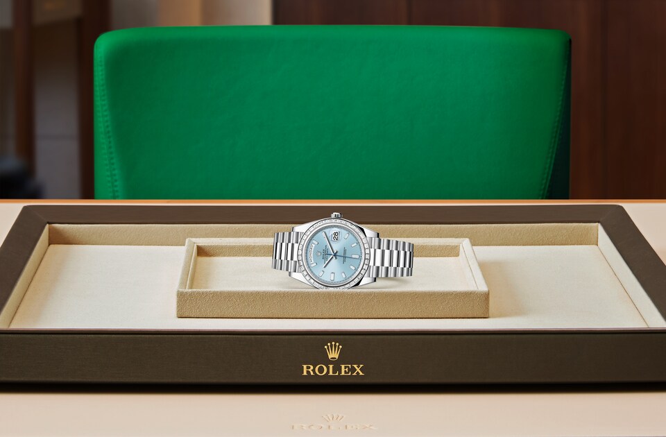 Rolex Day-Date 40 Oyster, 40 mm, platinum and diamonds m228396tbr-0002 at Royal de Versailles
